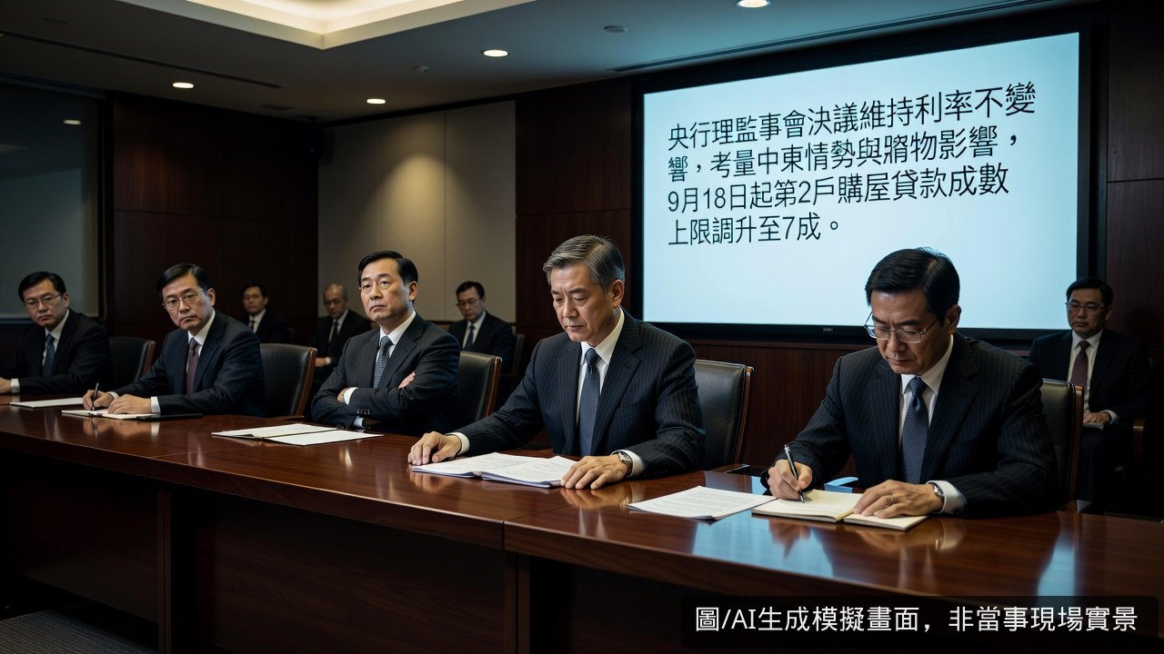 央行理監事會決議維持利率不變，考量中東情勢與物價影響，9月18日起第2戶購屋貸款成數上限調升至7成